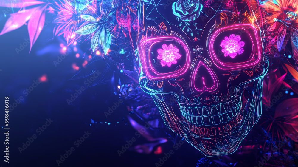 Canvas Prints vibrant geometric candy skull adorned with glowing neon details and surrounded by colorful foliage c