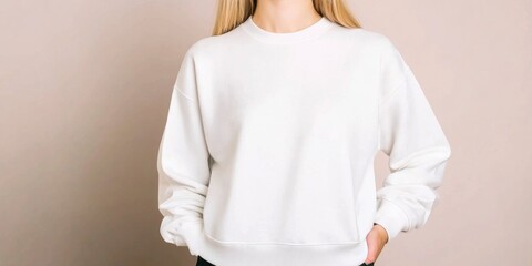 Young woman wearing blank basic plain white oversized crewneck sweatshirt for mockup