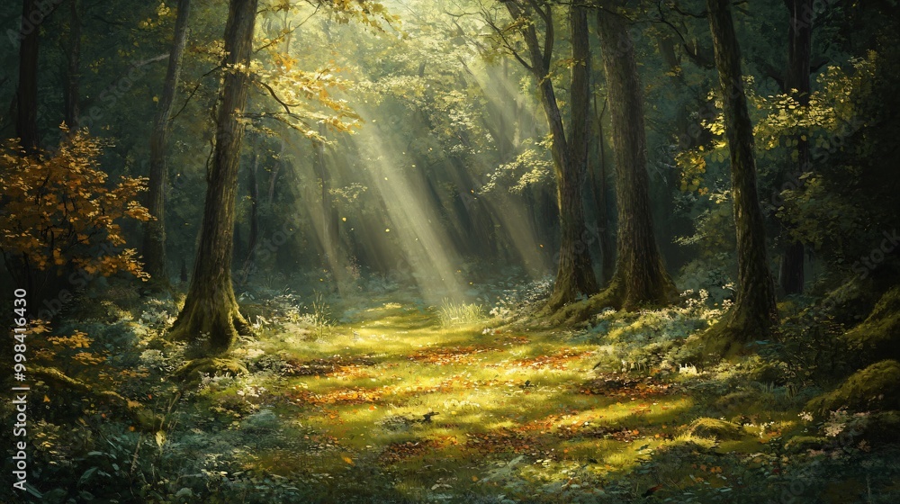 Poster sunlight streams through a dense forest, illuminating the path and fallen leaves.