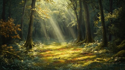 Obraz premium Sunlight streams through a dense forest, illuminating the path and fallen leaves.
