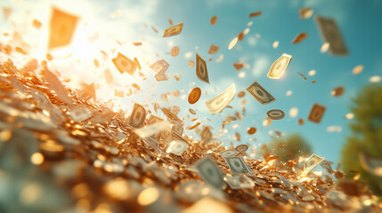 A vibrant scene of flying money and coins shimmering in sunlight, evoking themes of wealth, prosperity, and abundance.