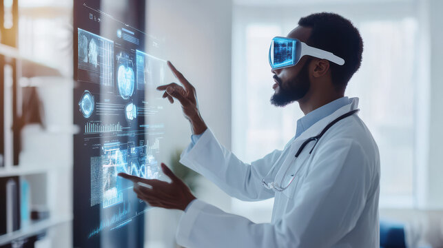 doctor wearing VR headset looking at hologram