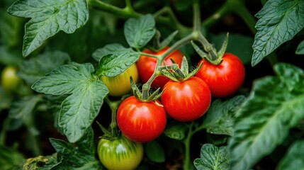 The tomato plant, with its vibrant green leaves and clusters of ripe red tomatoes, stands as a symbol of successful gardening.