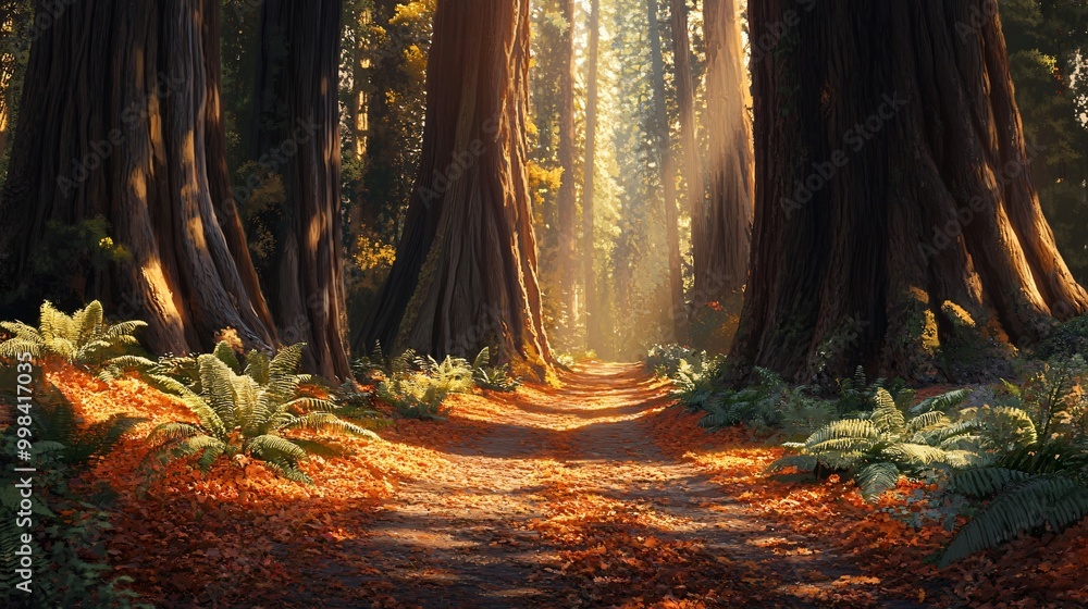 Poster sunlight streams through a path in a forest of tall trees, creating a magical ambiance.