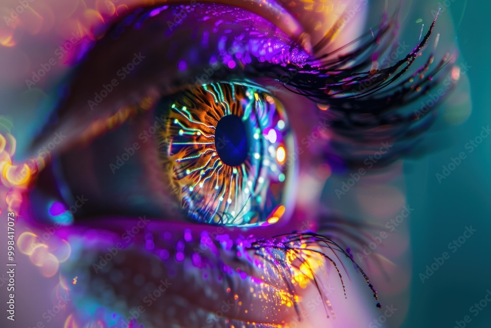 Poster close up of an iris reflecting colorful circuit patterns with vivid neon lights, creating a futurist