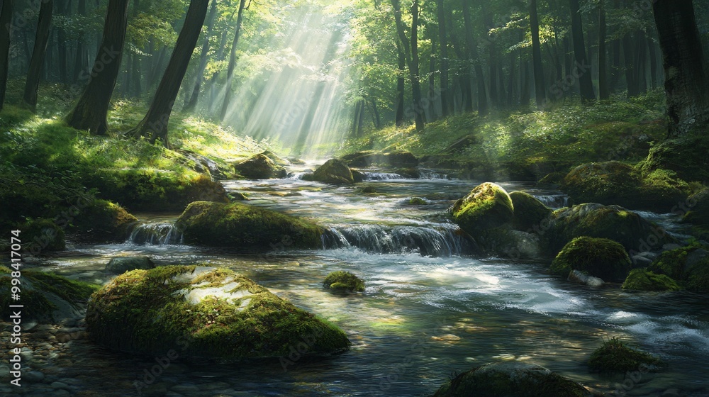 Poster sunlight streams through the trees in a lush green forest, illuminating a flowing river with moss-co
