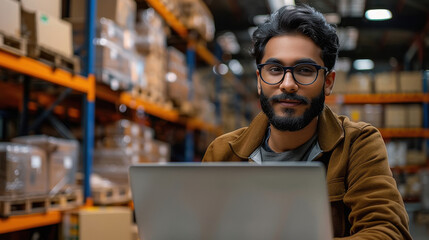 young indian man working on laptop at warehouse