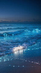 Naklejka premium Bioluminescent Waves Glowing Along the Shoreline at Night with Starry Sky Above