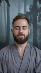 Fototapeta premium Serene Bearded Man Meditating in Misty Forest Setting