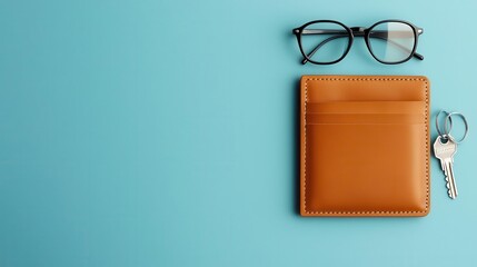 Minimalist leather wallet with eyeglasses and keys, everyday essentials arrangement