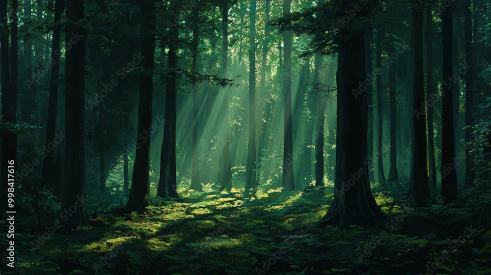 Poster sunlight streams through the trees in a lush green forest.