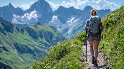 Fototapeta premium Woman with trekking pole and gray backpack hiking a mountain trail, enjoying sharp peaks and lush valleys under a clear blue sky.