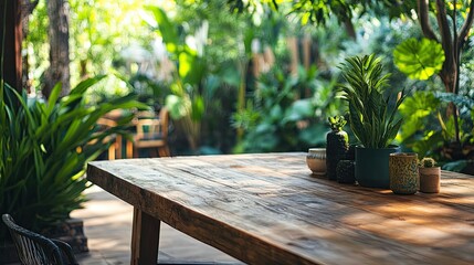 Obraz premium A rustic wooden table set against a backdrop of lush, green plants in a backyard garden, perfect for outdoor gatherings