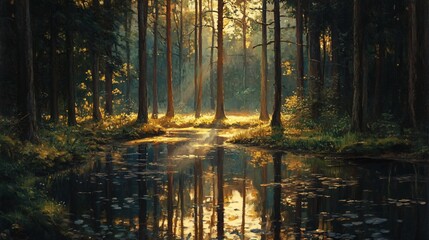 Sunlight through tall trees reflects in still pond water, creating a serene forest scene.