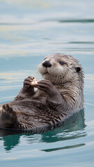  Cute Sea Otter Floating on Blue Water Eating a Snack in Peaceful Ocean