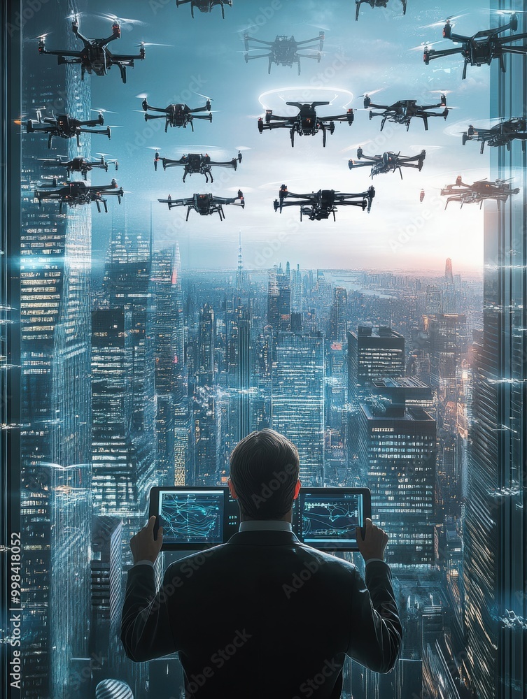 Aufkleber A skilled drone pilot uses a touchpad to manage a fleet of cutting-edge drones in a sophisticated control center with a city view. Generative AI