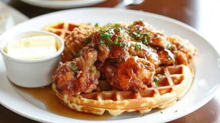 A savory plate of chicken and waffles drizzled with maple syrup and served with a side of butter.