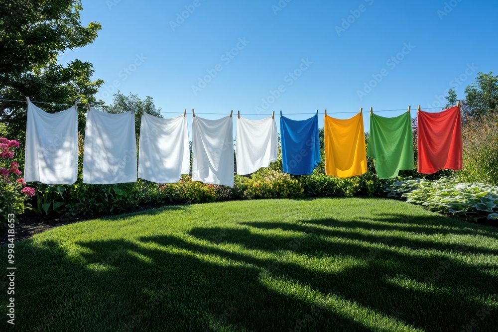 Poster in a sunny garden, white sheets and colorful clothes flutter on a clothesline, creating a cheerful a