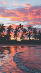  Tropical Beach Sunset with Vibrant Orange and Pink Sky Behind Palm Trees
