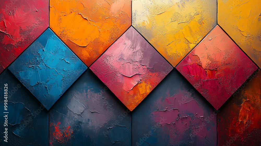 Poster a vibrant, textured display of colorful hexagonal tiles, showcasing a blend of warm and cool tones i