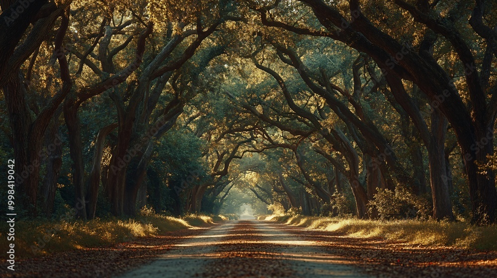 Poster sunlit pathway through a canopy of trees in a forest.