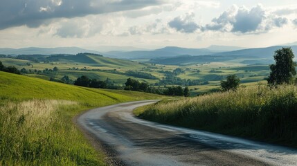 A scenic viewpoint overlooking rolling hills, with a winding road leading through the countryside.