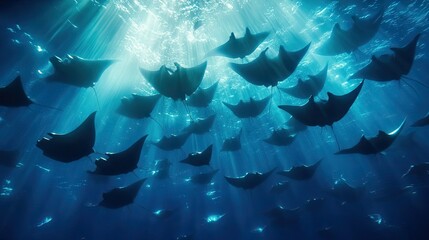 A school of manta rays gliding through the deep blue waters of the ocean.