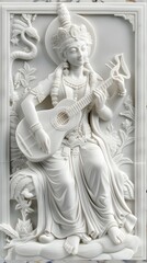 Naklejka premium Saraswati Exquisite Marble Sculpture of a Divine Feminine Figure
