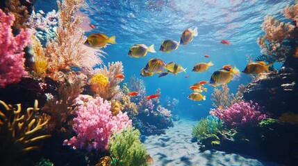 Naklejka premium A school of vibrant tropical fish swimming among colorful coral reefs in crystal-clear ocean water.