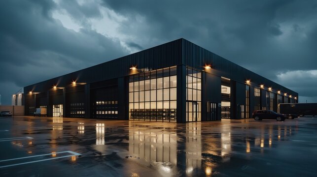 Modern industrial building with large glass windows reflecting the sky at dusk