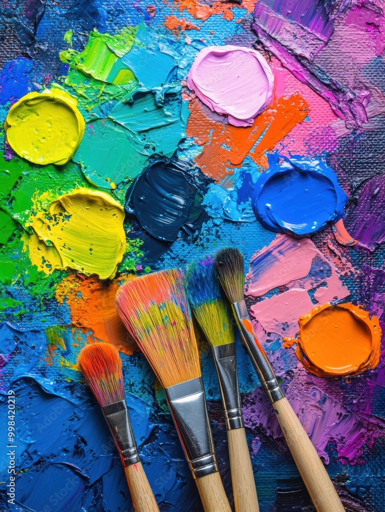 Poster bright paint splashes and brushes on canvas create an expressive and colorful abstract artistic comp