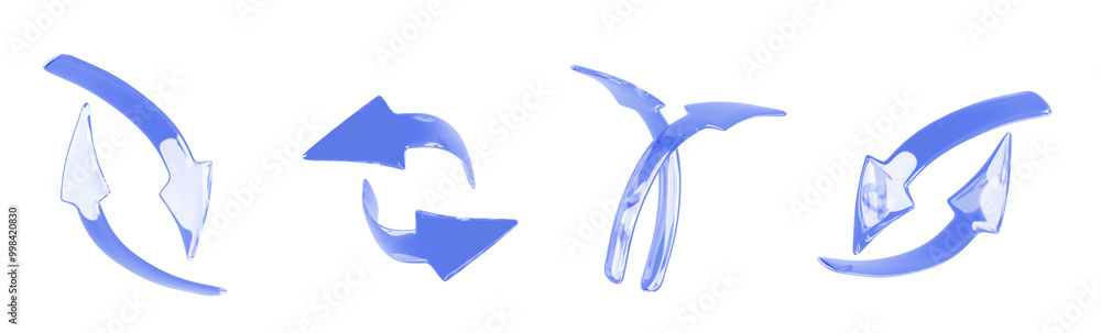 Poster 3d set of blue curve arrow isolated render icon. two circular arrows up and down, left and right dif