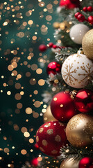 Christmas ornaments with golden glittering lights and festive decorations