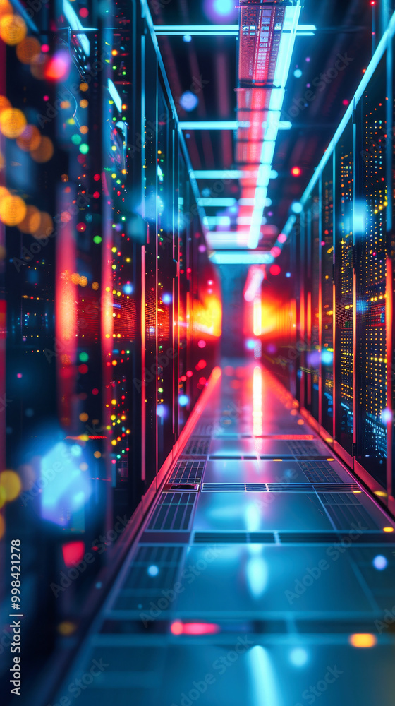 Poster a row of computer servers in a data center. concept of cyberspace, communication and technology.