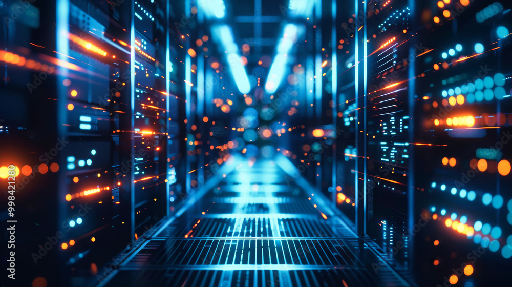 Poster data center with a row of computer servers. abstract generic concept of cyberspace, communication an