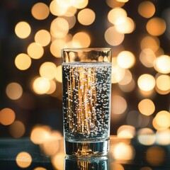 A simple glass of cold mineral water with bubbles, placed on a sleek glass table with a modern background of blurred lights