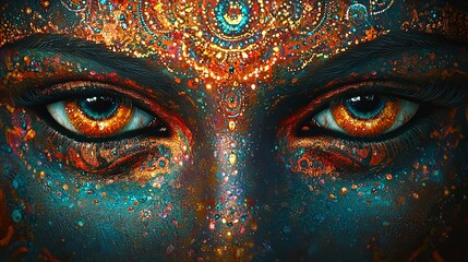 Intricate mandala art with vibrant eye center, mesmerizing patterns, captivating colors.