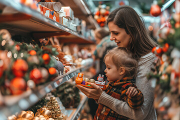 Mother and child shopping for Christmas decorations in a festive store