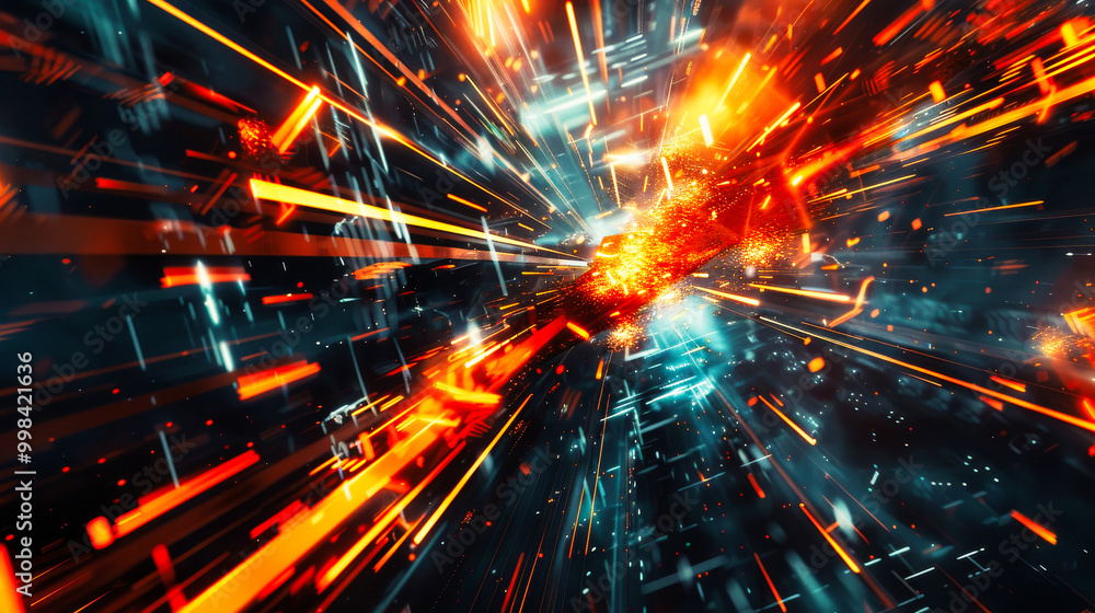 Poster digital background featuring an abstract, digital space with glowing lights and futuristic elements
