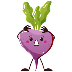 Cute beet with hand up and Scared emoji. isolated on white background. Fruit and vegetable pun for card design print concept.