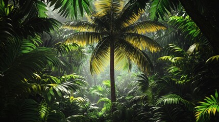 Fototapeta premium Visualize a coconut tree in a tropical rainforest, surrounded by dense foliage and vibrant plant life.