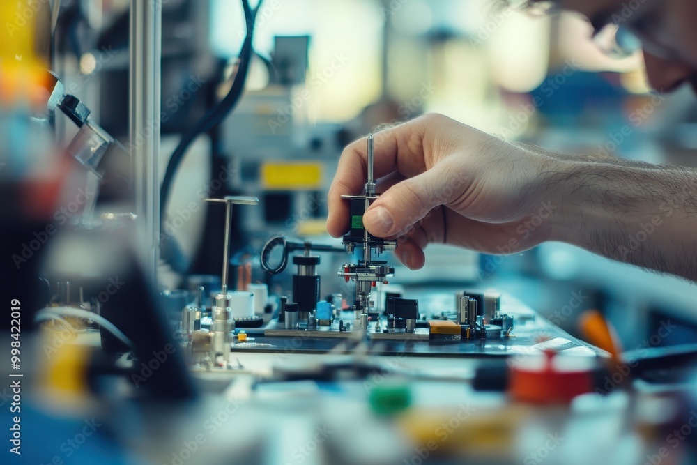Aufkleber a technician assembling electronic components on a circuit board in a lab setting.