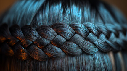 Close-up of intricate blue-tinted hair braid, hairstyling artistry