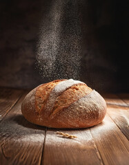 Freshly baked bread sprinkled with flour on a wooden surface