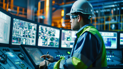 An industrial engineer working at a control panel in a modern factory