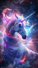 Fototapeta premium A beautiful magical unicorn with colorful long mane in space