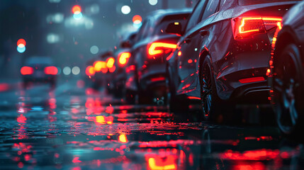 A row of cars parked on the side with their tail lights glowing