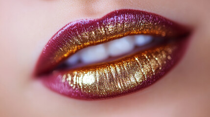 Obraz premium Glistening lips adorned with striking combination of gold and burgundy lipstick create bold and glamorous look. shimmering effect adds touch of elegance and allure
