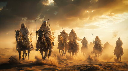 Traditional Arab knights riders in desert heading for the battlefield