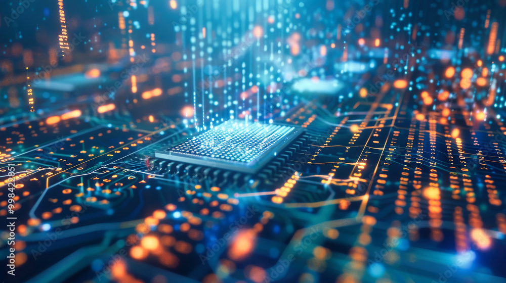 Poster close up of an advanced microchip with data flowing through it